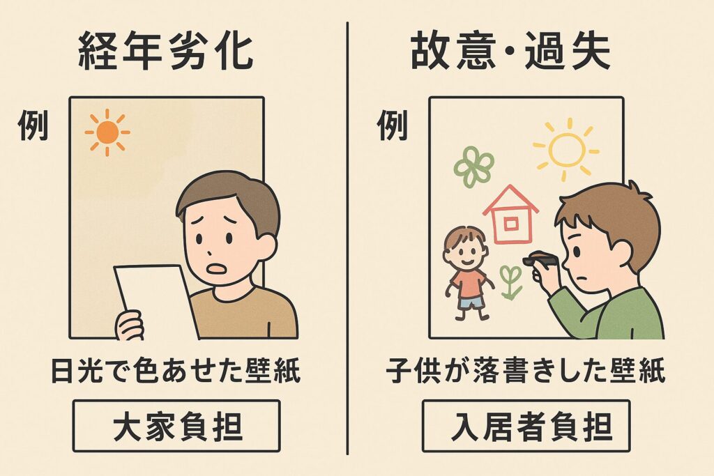 経年劣化による日焼けした壁紙（大家負担）と、子供の落書きによる壁紙の汚れ（入居者負担）を比較する図解