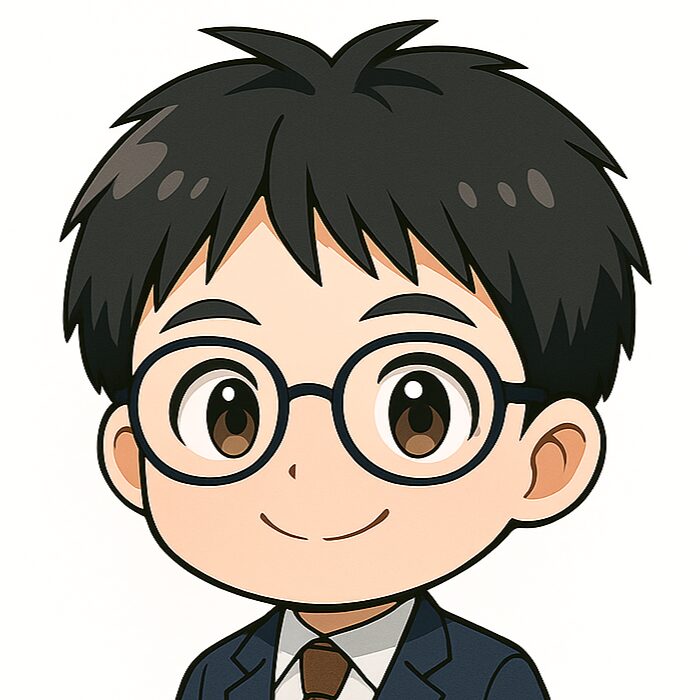 アニメ風に描かれたメガネの男性キャラクター。スーツ姿で微笑んでいる。